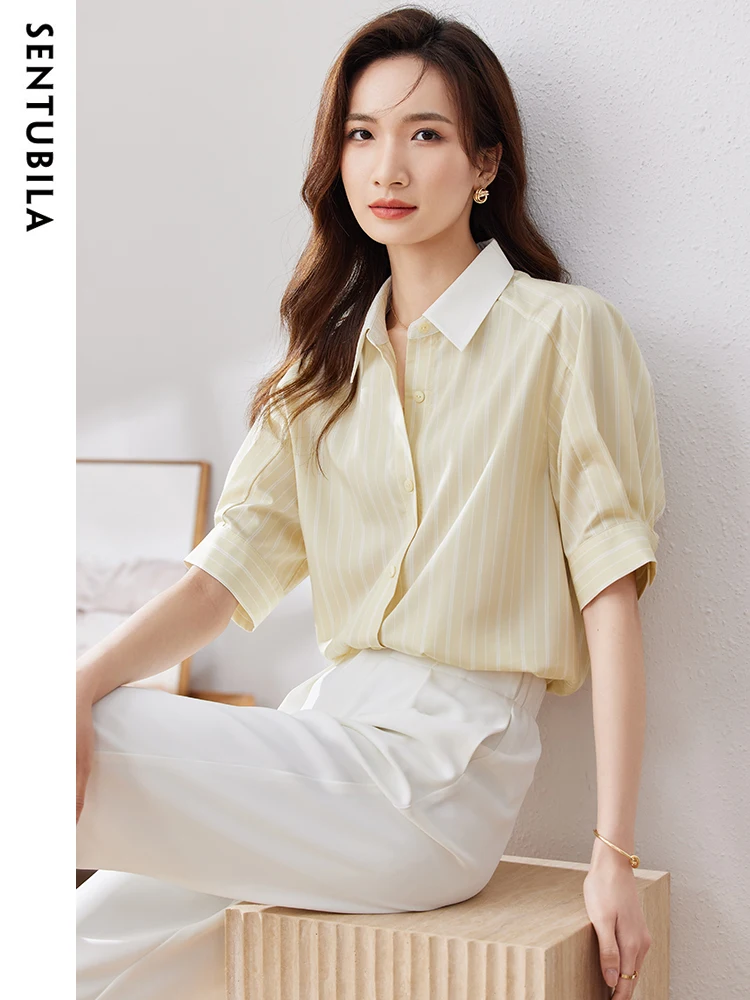 

SENTUBILA Women's Striped Button Down Shirt 2023 Summer Lantern Short Sleeve Turn-Down Collar Blouse Office Lady Tops 132C48489