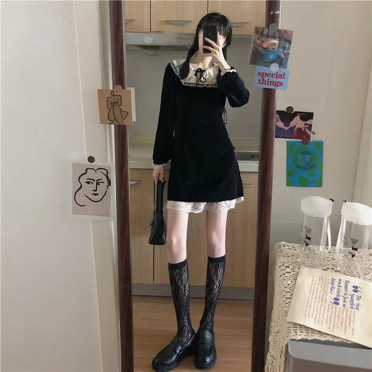 HOUZHOU Black Vintage Dress Women Kawaii Lace Patchwork Mini Dresses Elegant Preppy Style Long Sleeve 2022 Korean Fashion Robe denim dress