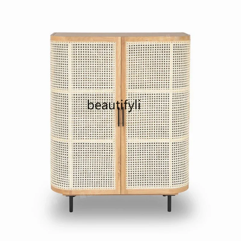 

Japanese-Style Log Vintage Sideboard Cabinet Living Room Locker Rattan Cabinet Entrance Cabinet Clothes Closet Double-Door