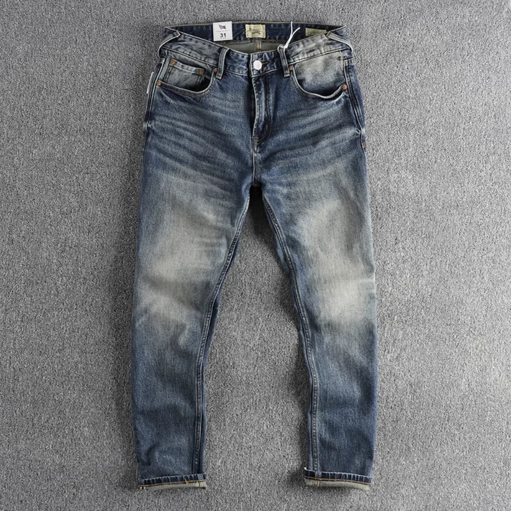 

Autumn new heavy vintage ground white blue jeans men's small straight fit all fashion youth pants