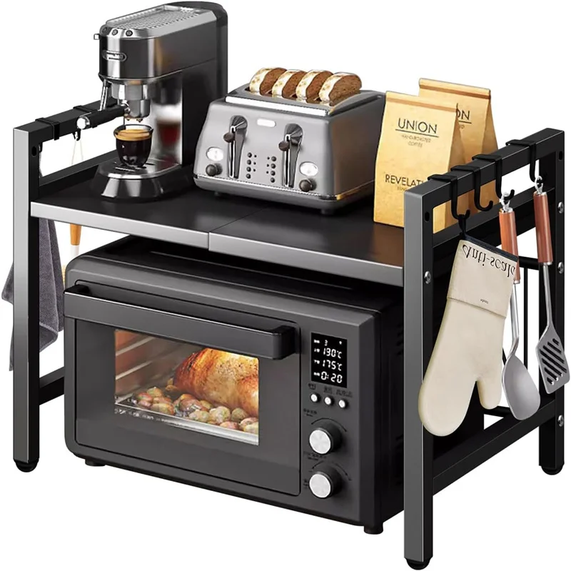 Adjustable Space-Saving Microwave Rack – 100kg Capacity, Kitchen Shelf with Hooks & Storage Organizer (Black) - Image 2