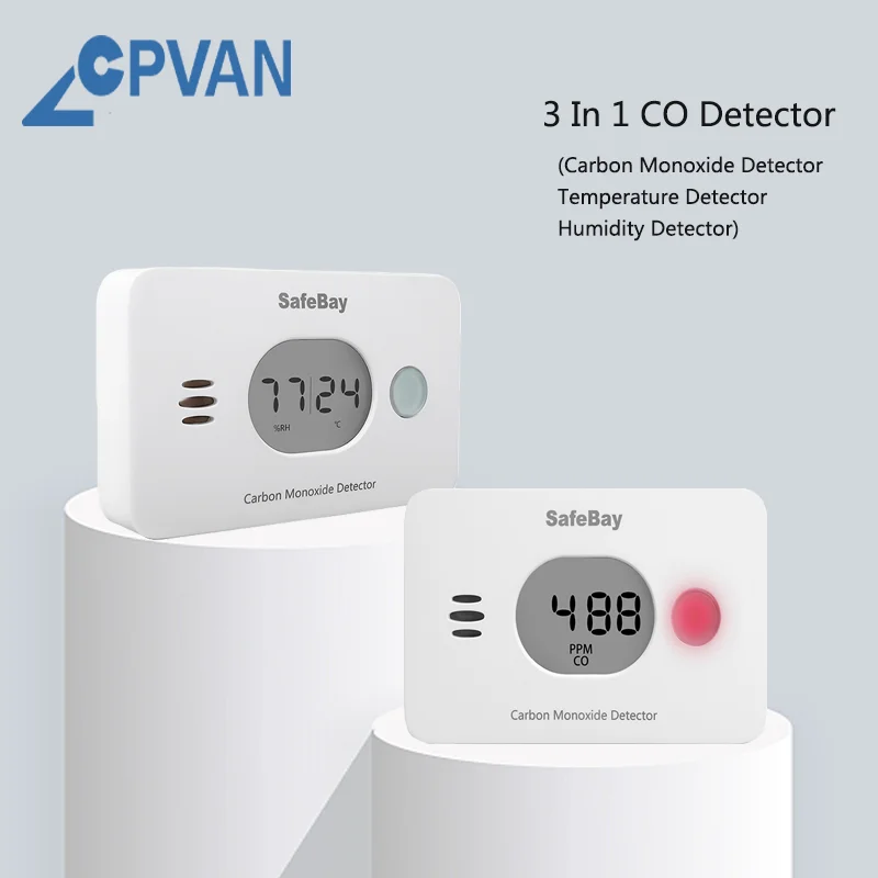 CPVAN Carbon Monoxide Detector 3 in1 CO Temperature and Humidity Alarm for Home Security System LCD Display and 85dB Alarm Sound