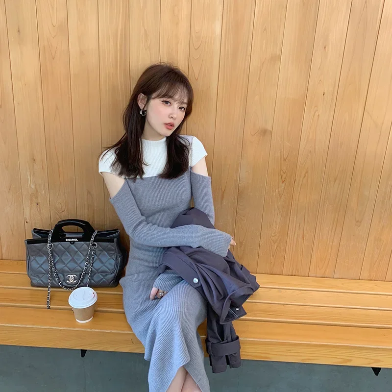 

[Double Pair Wool Skirt] French Knitted Dress Long Sleeve Fairy Skirt Long Sweater Skirt Elegant and Pretty Women's Dresses