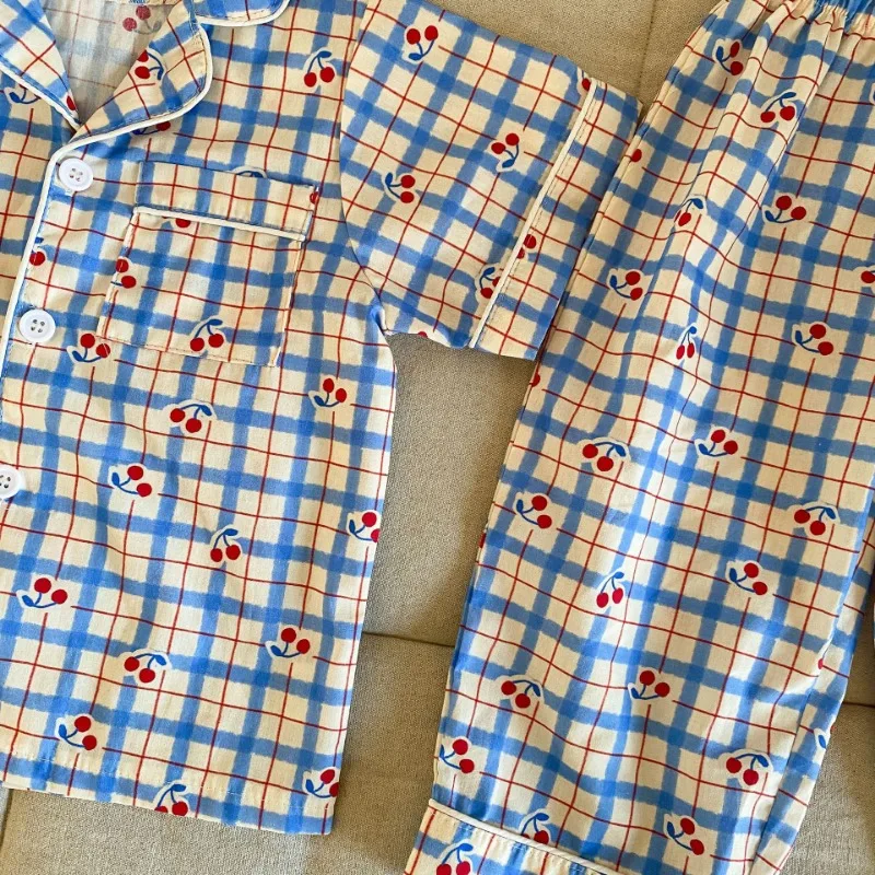 Children's Pajamas Summer 1-8Y Home Clothing Set Thin Pure Cotton Boys Lapel Top Pants 2Pcs Suit Girls Cartoon Printed Sleepwear