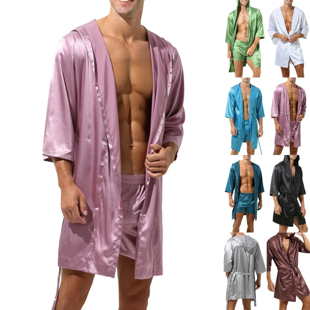 Men Bathrobe Pajamas Nightgown Hooded Loose Satin Silk Sleepwear Cardigan Gown Bath Robe Nightwear Sleep Bottoms 