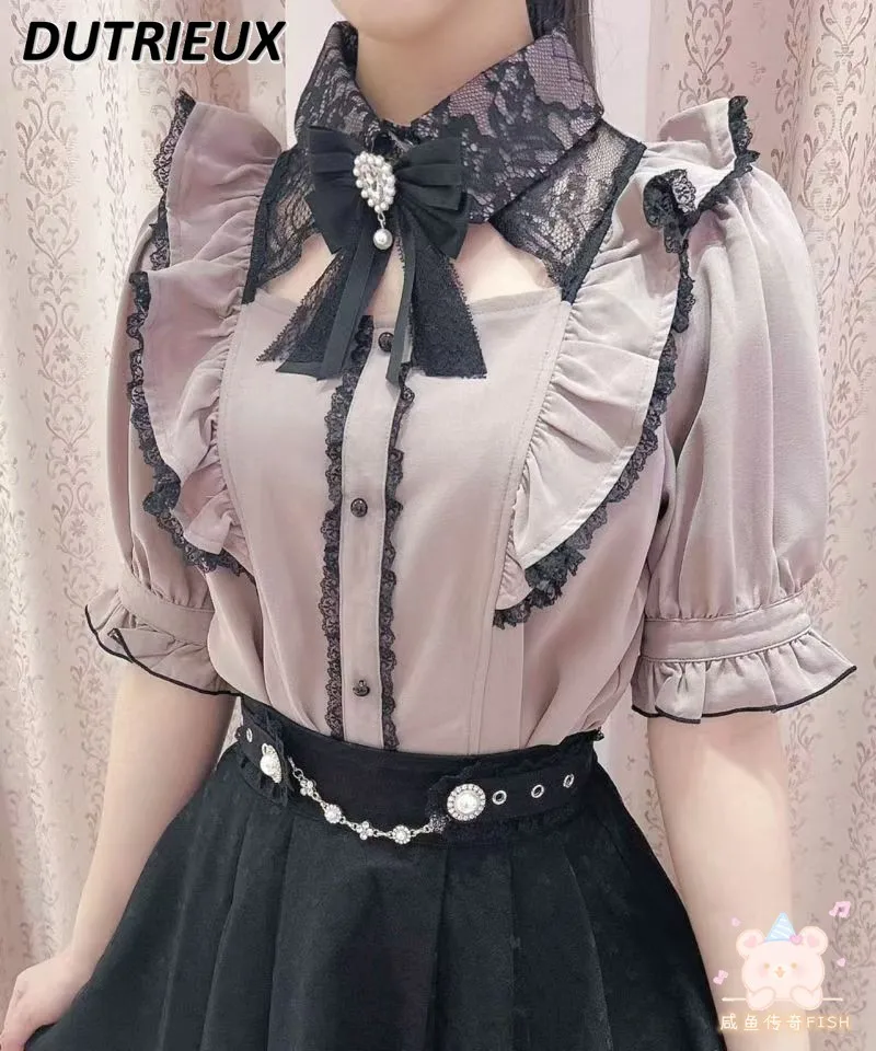 Japanese Lolita New Brooch Sweet Hollow Out Short Flying Sleeve Shirt Mine Mass-Produced Solid Color Tops All-Match Blouse