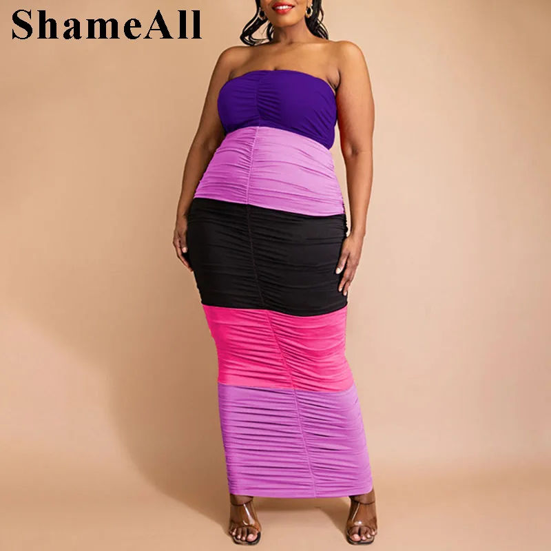 

Plus Size Rainbow Striped Croset Tube Bodycon Long Maxi Dress 4xl Summer Strapless Sleeveless Ruched Party Club Bandage Dresses