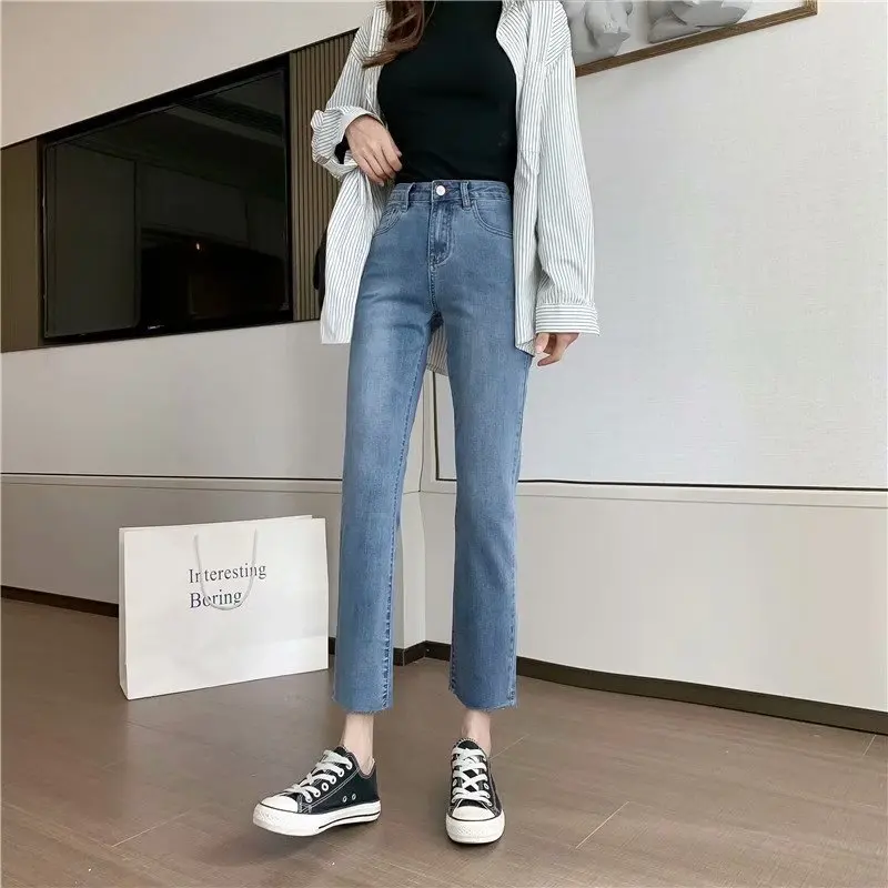 

2021 Retro Light-colored High Waist Jeans Women's New Fashion Slim Straight Simple Pants Plus Size S-5XL Demin Trousers