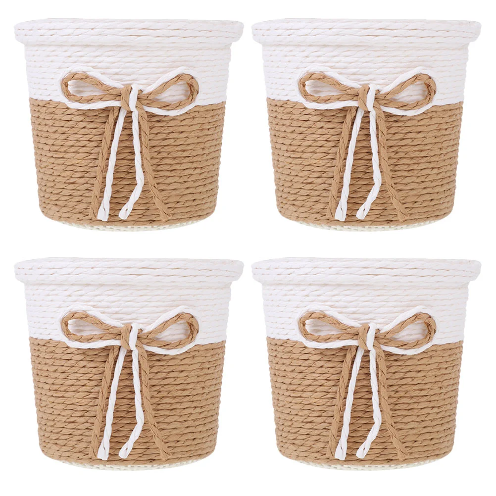 

4 Pcs Woven Basket Flower Baby Snack Container Desktop Storage Bins Paper Rope Hotel Lobby Plant