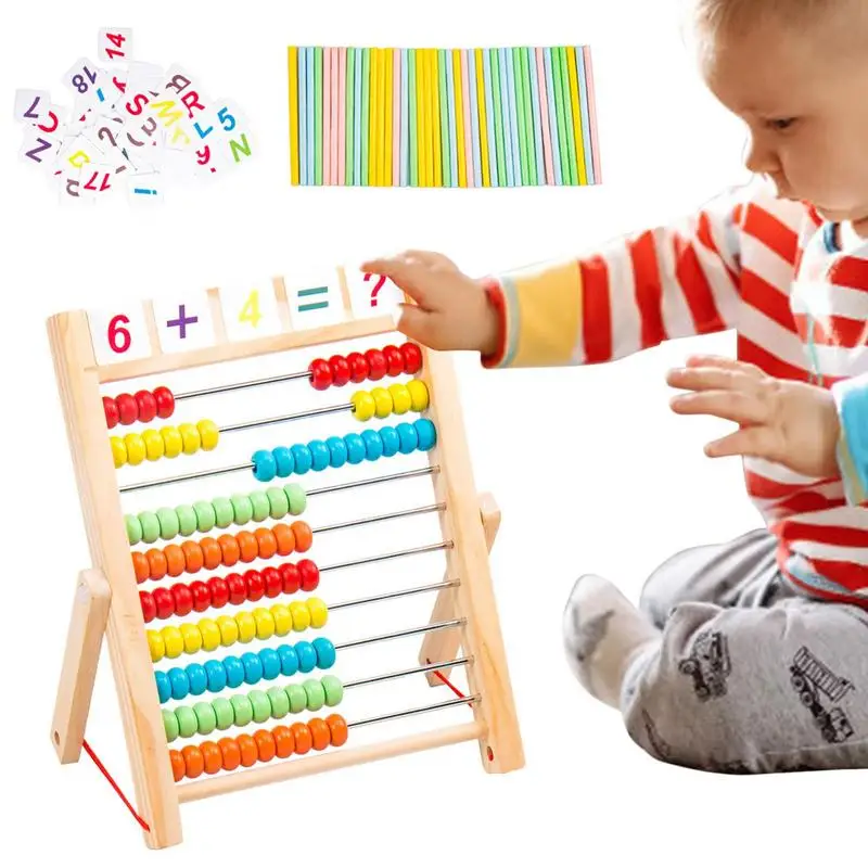 

Wooden Abacus For Kids Math 10-Row Wooden Frame Abacus With Multi-Color Beads Counting Sticks Number Alphabet Cards Teach