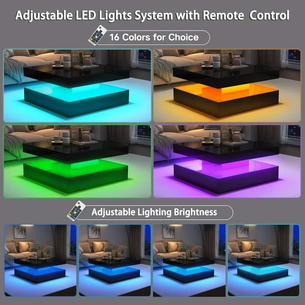 LED Coffee Table with Storage, High Glossy Modern White Center Table with 2 Drawers, Square Wooden Middle Table with 16-Color 2