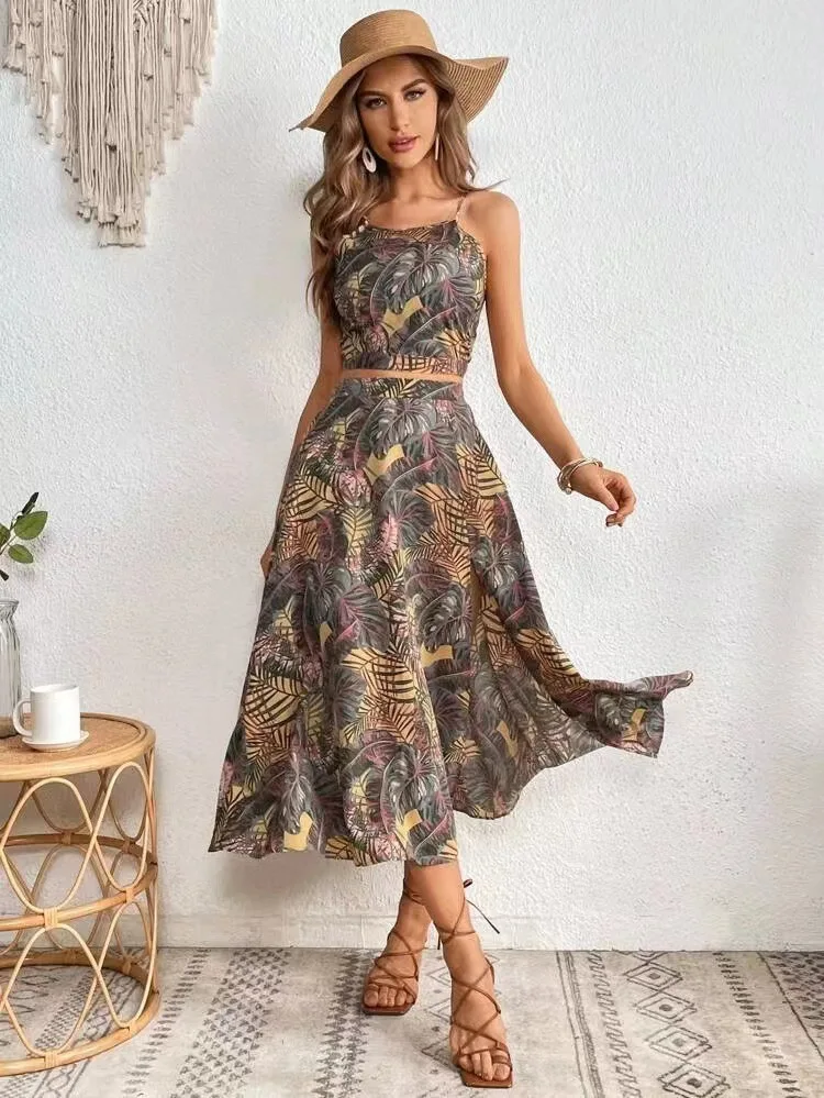 Bohemian Summer Style Two Piece Print A-Line Skirt & Camisole