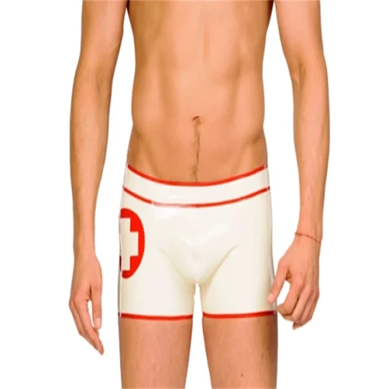 

Sexy Latex Boxer Shorts Withe with Red Trims Rubber Underwear for Men