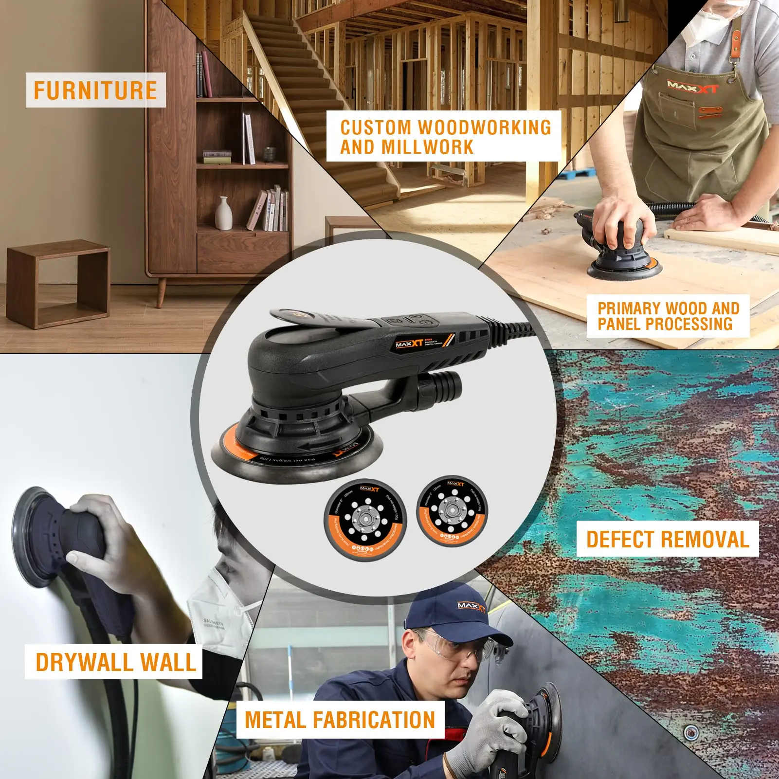 MAXXT 350W Electric Orbital Sander Woodworking Sanding Machine Car Body Polisher Brushless Motor Grinding with 150mm/125mm Pads 6