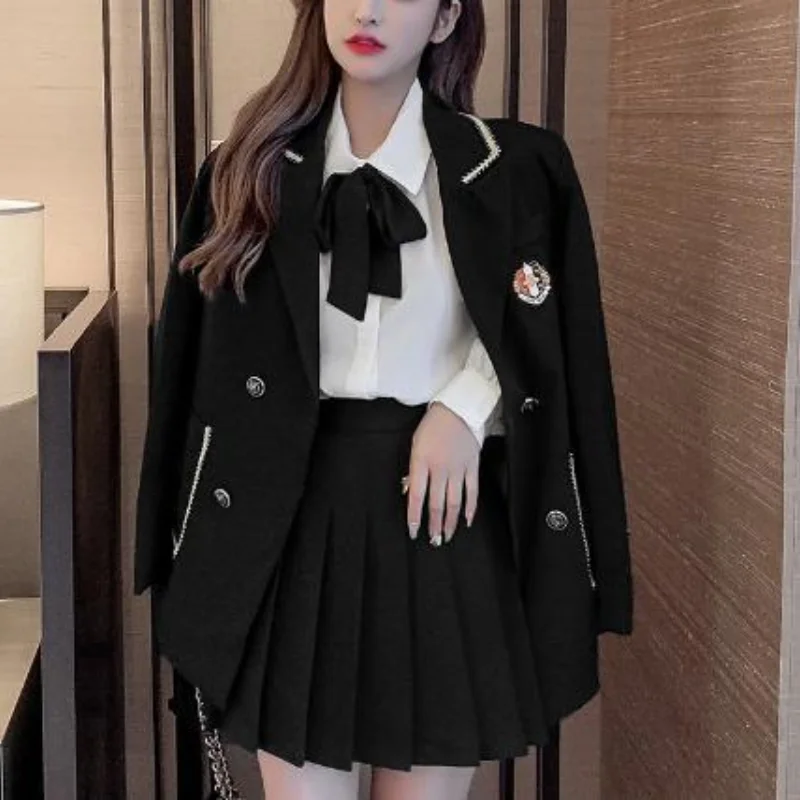 

Women Autumn Korean New Lapel Short Skirt Set Fashion High Waisted Pleated Skirt Button Pocket Tops Casual Versatile 2-piece Set