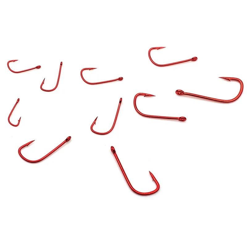 Super Mini 100 Stück Kleine Angelhaken 1 # -10 # Widerhaken aus Hochkarbon-Stahl, Rot, mit Ösen, Gebogener Köderhalter, Ringförmiger Karpfenhaken, Angelzubehör – Detail 4