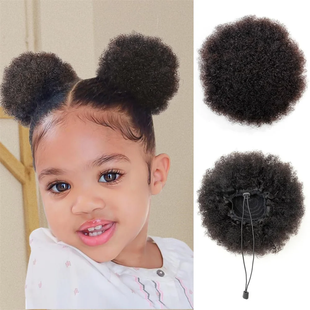 Afro Puffs Natural Black Afro Puff Hair Bun For Kids 100% Remy Human Hair Small Drawstring Ponytail For Little Girls Curly human hair extensions