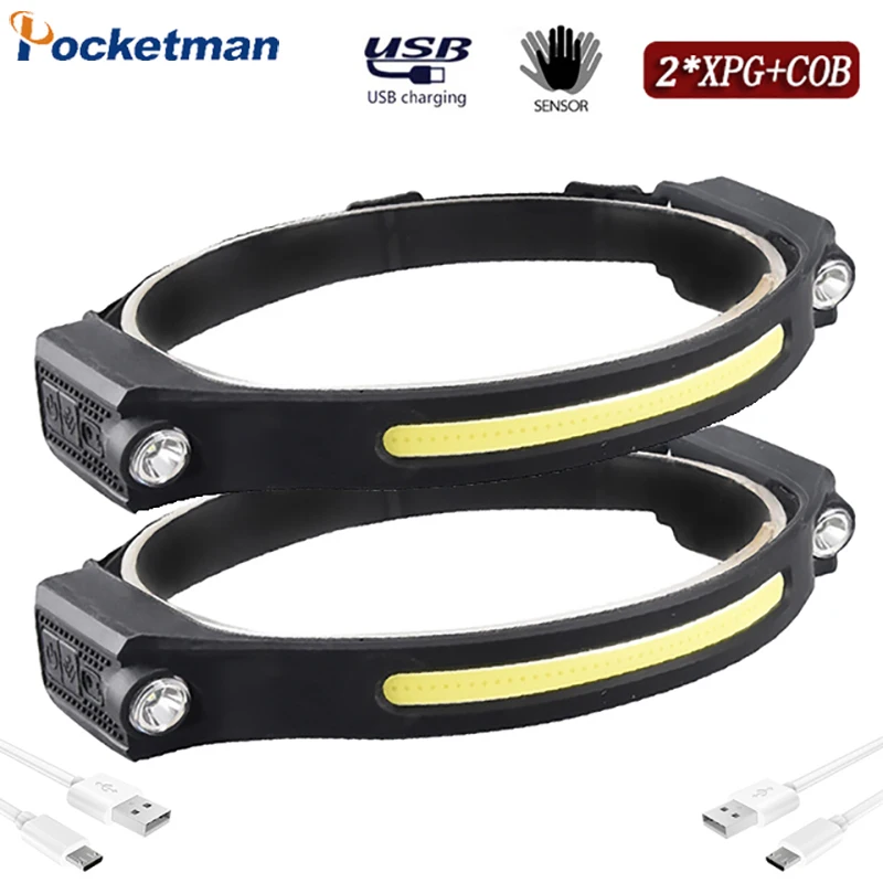Powerful Motion Sensor Headlamp 2XPG+COB LED Head Lamp with Builtin
