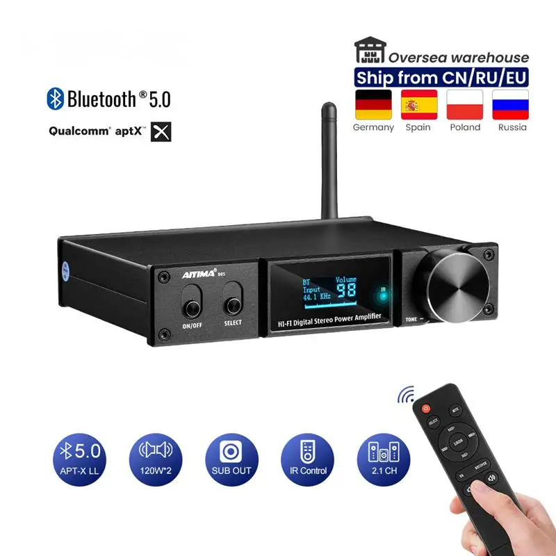 

2024 D05 5.0 Bluetooth Sound Amplifier 120W×2 HIFI 2.1 Channel Digital Power Amplifiers Subwoofer Amp USB DAC OLED Remote APTX