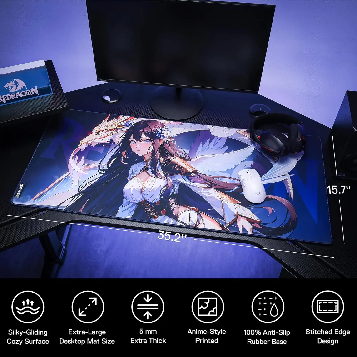 Redragon P046 Anime Gaming Mouse Pad-Smooth Lycra Surface, Anti-Slip Rubber Base, Spill-Resistant, Durable 5mm Thick