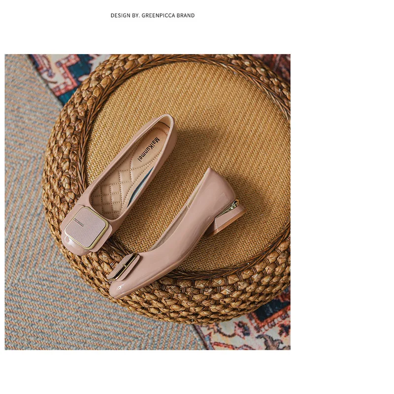 French Style Women's Flat Shoes Leather Square Toe Low Block Heel_voghion.com