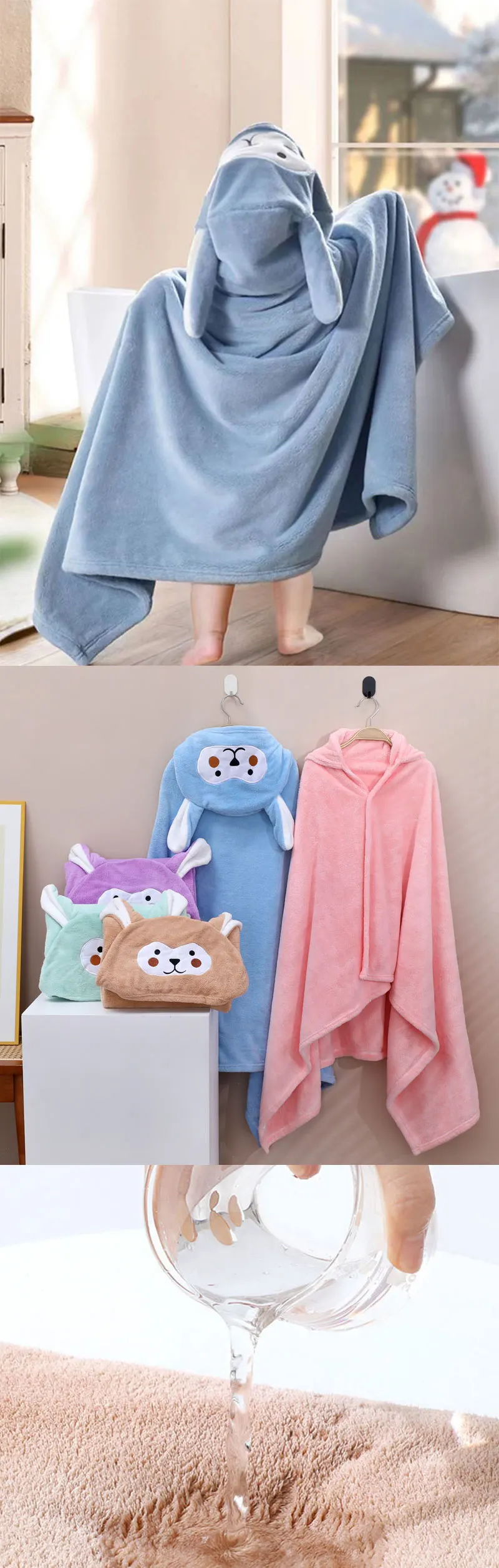 Children's Bath Towel Coral Velvet Baby Baby Hooded Large Towel Soft Absorbent Beach Cartoon with Hat Bucket Tent Bathrobe