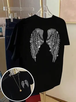 Rhinestone Angel Wings T-Shirt, Sparkling Hotfix Diamond Casual Tee, Double-Sided Print  Women Clothing T Shirt Women Y2k Tops 1