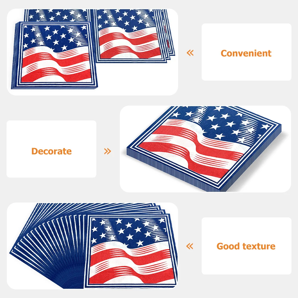 40pcs Independence Day Disposable Napkins American Flag Printed Tissue Napkins Paper Towel for Party Festival