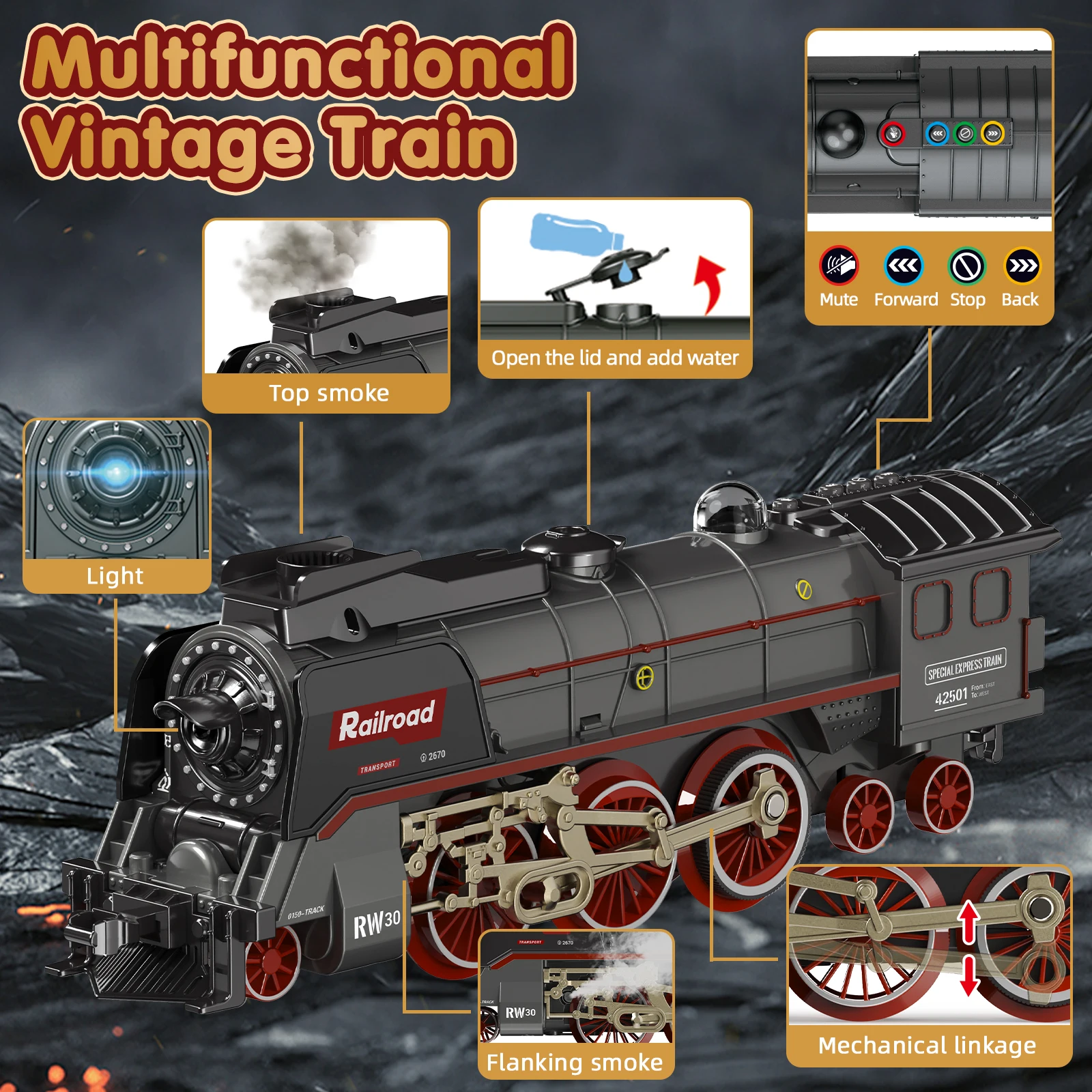 Retro Steam Train Track Toy Set with Smokes,Lights, Sound,Tracks,Electric Toy Train with Locomotive Engine,Cargo Cars and Tracks 2