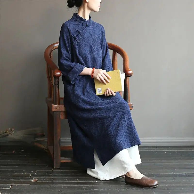 

2024 traditional vintage qipao robe national cotton linen folk dress chinese improved jacquard cheongsam hanfu retro zen clothes