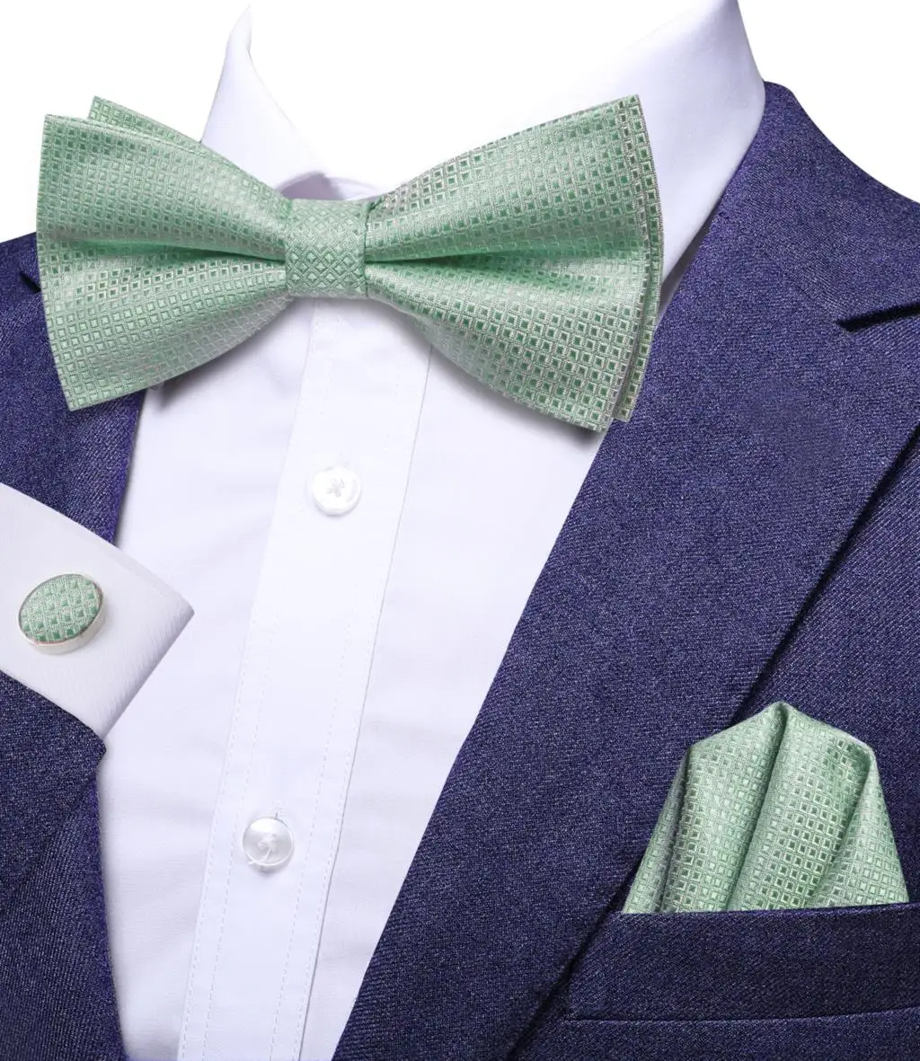 Hi-Tie Jacquard Sage Green Bowties for Men Silk Butterfly Tie Bow Tie Hanky Cufflinks Wedding Party Gift Bowtie