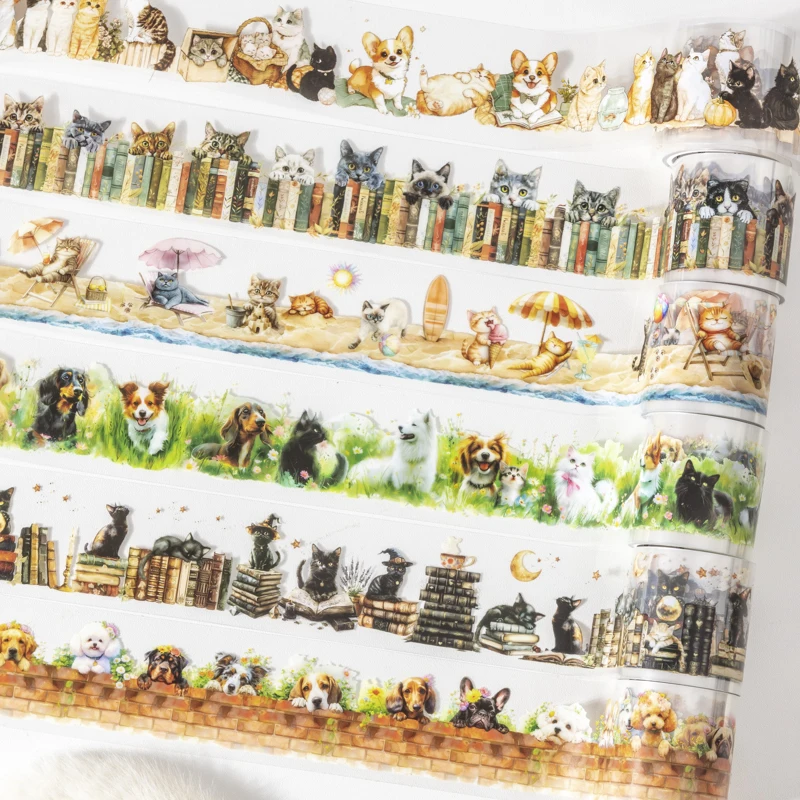 Journal GO 4 x 200 cm Cartoon-Tiere, Journaling-Klebeband, niedlicher Haustier-Aufkleber, dekorative Collage, Karte, DIY, Scrapbooking, Abdeckband