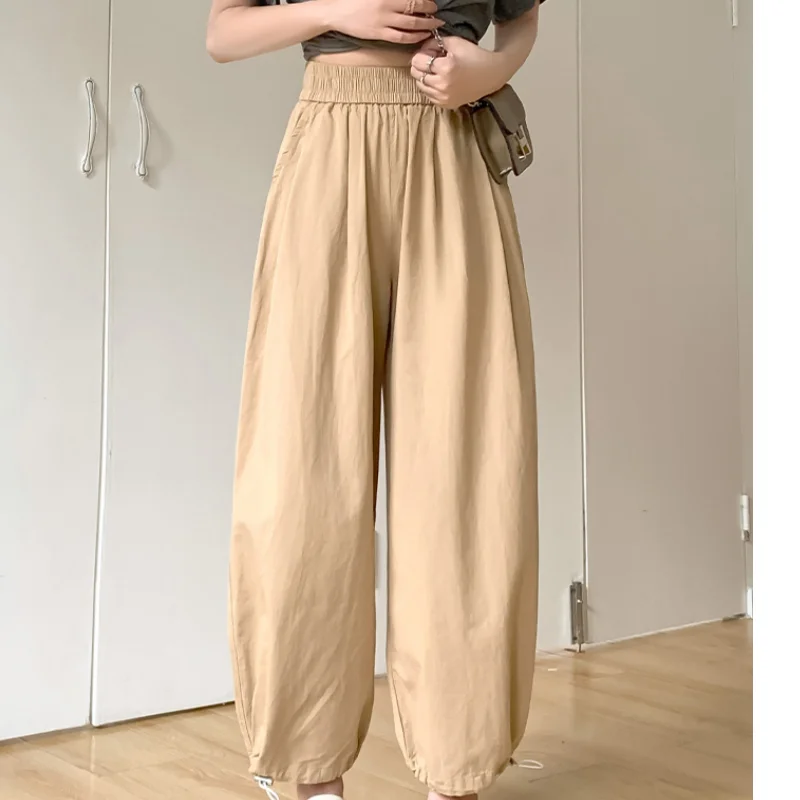 

Женские винтажные широкие брюки-карго цвета хаки, модные прямые брюки с карманами и высокой талией, уличные брюки для лета