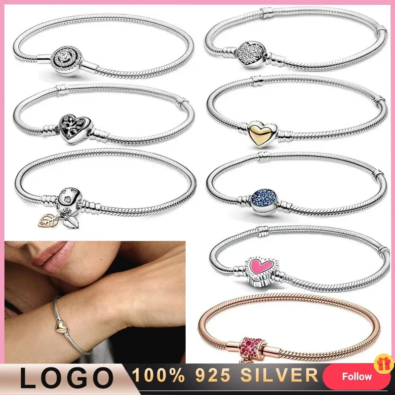 New Women's Bracelet 925 Silver Original Logo Moments Series Sparkling Heart Chain Buckle Snake Strand Bracelet DIY Jewelry Gift