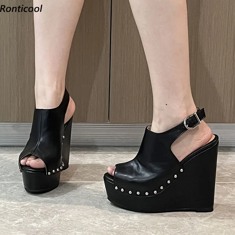 

Ronticool Women Summer Sandals Sexy Rivets Buckle Wedges Heels Peep Toe Elegant Black Ladies Banquet Shoes US Plus Size 5-20