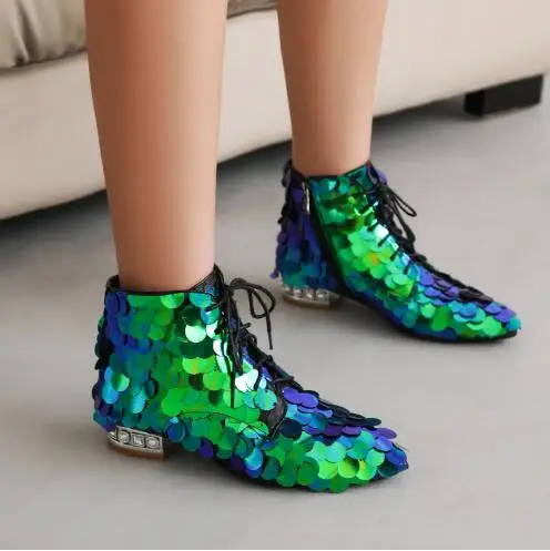 

Fashion Lady Green Sliver Black Bling Fish Scales Round Toe Lace Up Front Zipper Side Low Heels Ankle Boots Women Leisure Shoes