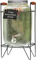 2 Gallon Glass Beverage Dispenser, Metal Base, Stainless Steel Spigot & Hanging Chalkboard - Outdoor Drink Dispenser for 1