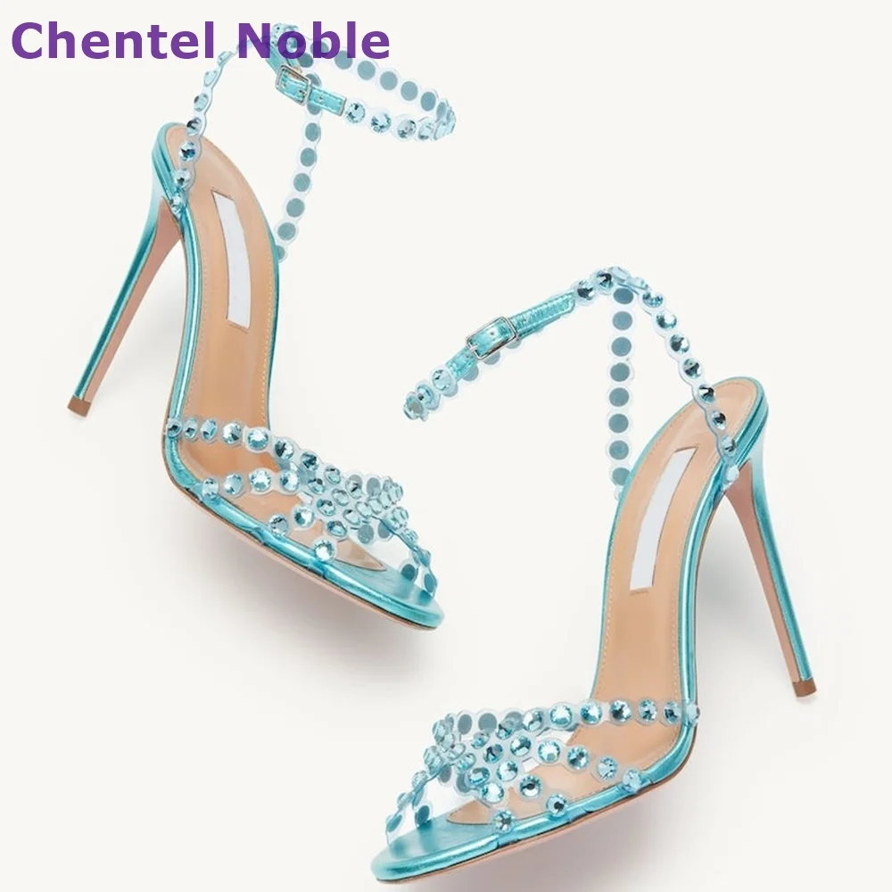 Red Rhinestone Luxury Sandals Round Toe Thin High Heels Open Toe Buckle Strap Sandals Hottest Fashion Sexy Summer Women Shoes