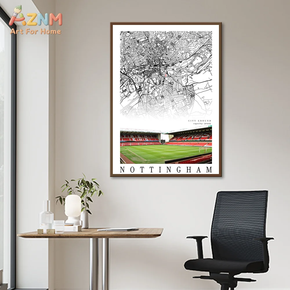 UK Football Stadium City Map Canvas Wall Art - Black and White Soccer Fan Home Decor (Unframed)