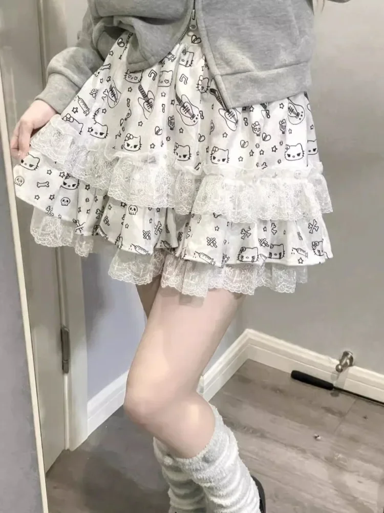 QWEEK Coquette Y2k Kawaii Cute Print Lace Mini Skirt Ruffles Gothic Goth Lolita Japanese Harajuku Shoit Skirt 2024 Spring Summer