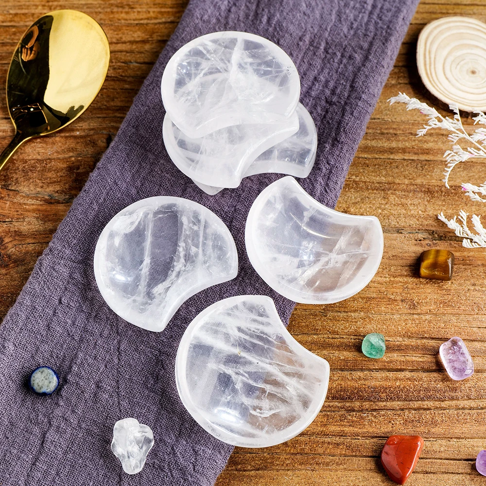 Cuenco de cristal de cuarzo transparente blanco con forma de Luna, bandeja decorativa coleccionable, regalo del Día de San Valentín, piedras naturales