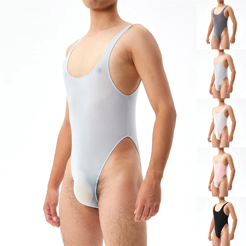 Mens Transparent Bodystocking Swimsuits Short Sleeve Slim Romper Jumpsuits Slim Bodysuit Underwear Thong Bikini Set