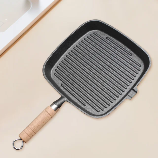 Padella per bistecca in ghisa con manico in legno padella antiaderente Non patinata padella per bistecca padella per bistecca per campeggio 6