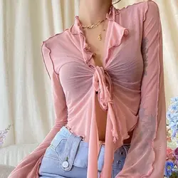 Elegant Long Flare Sleeve Lace - Up Mesh Blouse for Women - Korean Fashion Style (Pink)