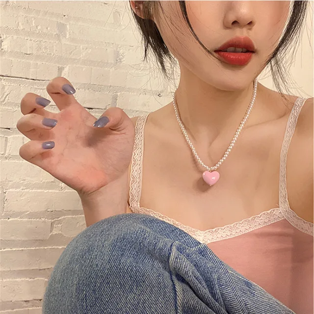 WLP Kpop Women Pink Heart Shape Pendant Necklace Pearl Beads