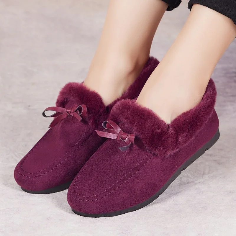 2025 Women Winter Casual Shoes New Soft Flat Non-slip Loafers Fashion Comfort Warm Plush Bow Slip on Female Casual Cotton Shoes