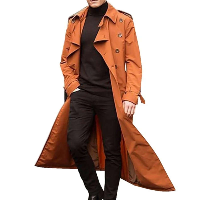 Men Overcoat Vintage Long Trench Coat Men Double Breasted Jacket Coats Mens Business Black Long Solid Windbreak Coat Outwear