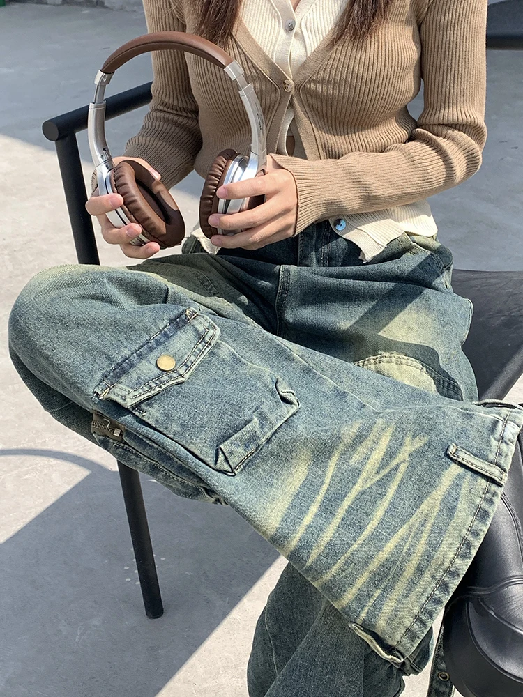 Vintage Harajuku Loose Casual Cargo Jeans for Women Street High Waist Wide Leg Y2K Pockets Denim Pants Girls Trousers Overalls