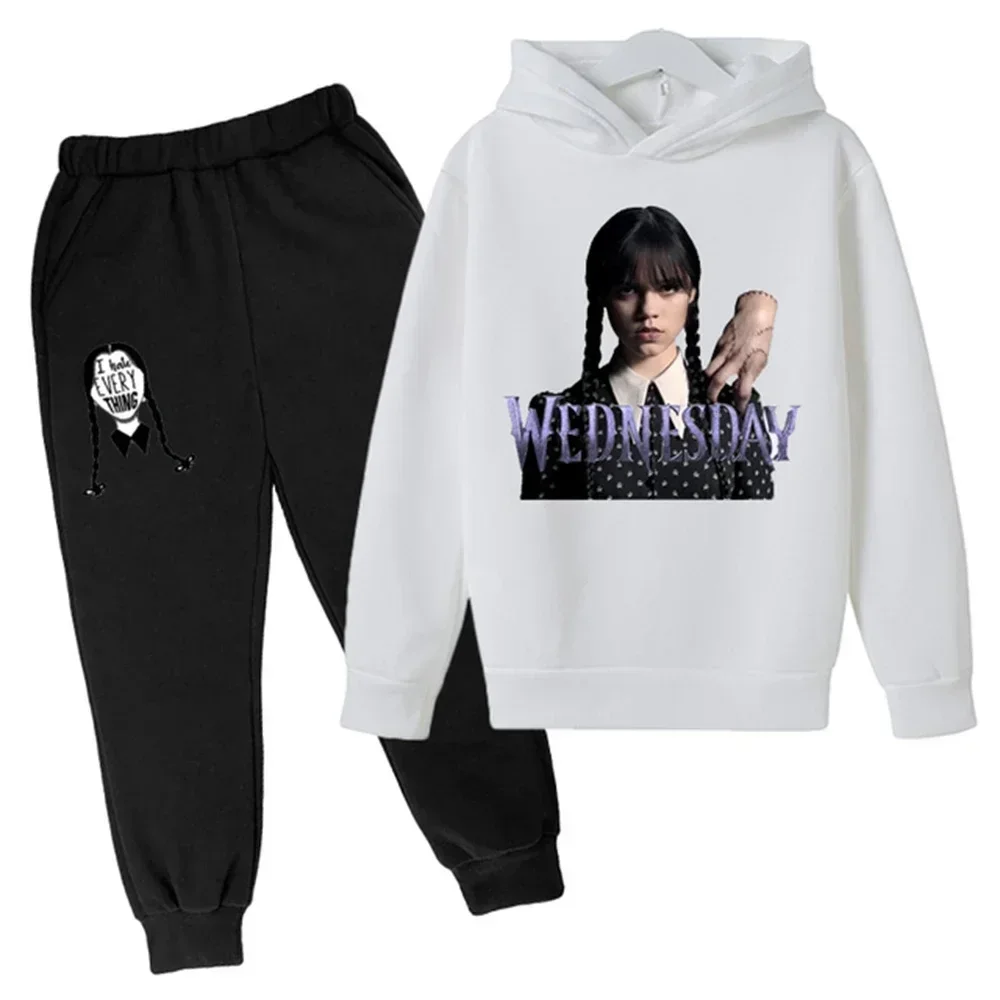 thumbnail image 1 of Nueva sudadera con capucha y pantalones de primavera y otoño de Wednesday Addams para niños, 2 piezas, trajes de 2 a 14 años, ropa de calle para niños y niñas, ropa de bebé para niños, 1 of 5