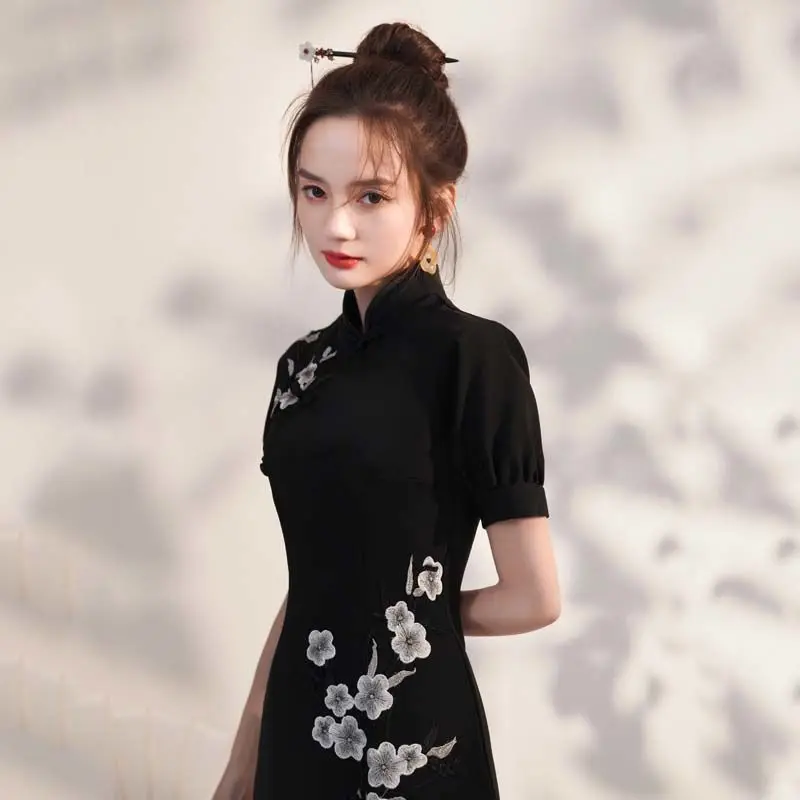 

Fish Tail Cheongsam Young Girl 2023 New Black Short Modified Version Dress Qipao Chi-pao Summer Daily Women's Clothing